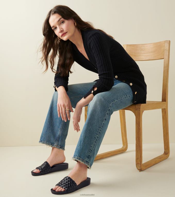 Women Black Leather Cole Haan Mojave Slide Sandal 2R0V250