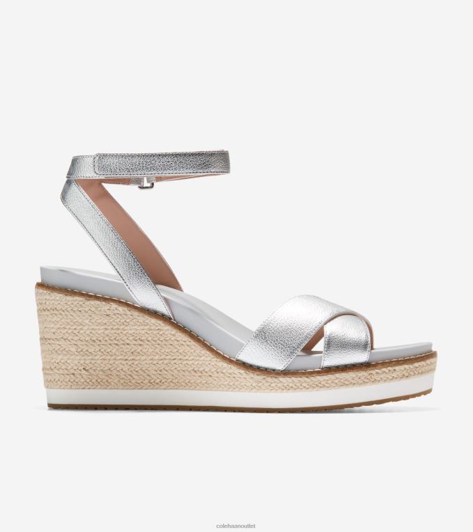 Women Silver Leather Cole Haan Cloudfeel Espadrille Wedge Sandal 2R0V228