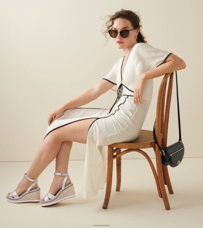 Women Silver Leather Cole Haan Cloudfeel Espadrille Wedge Sandal 2R0V228