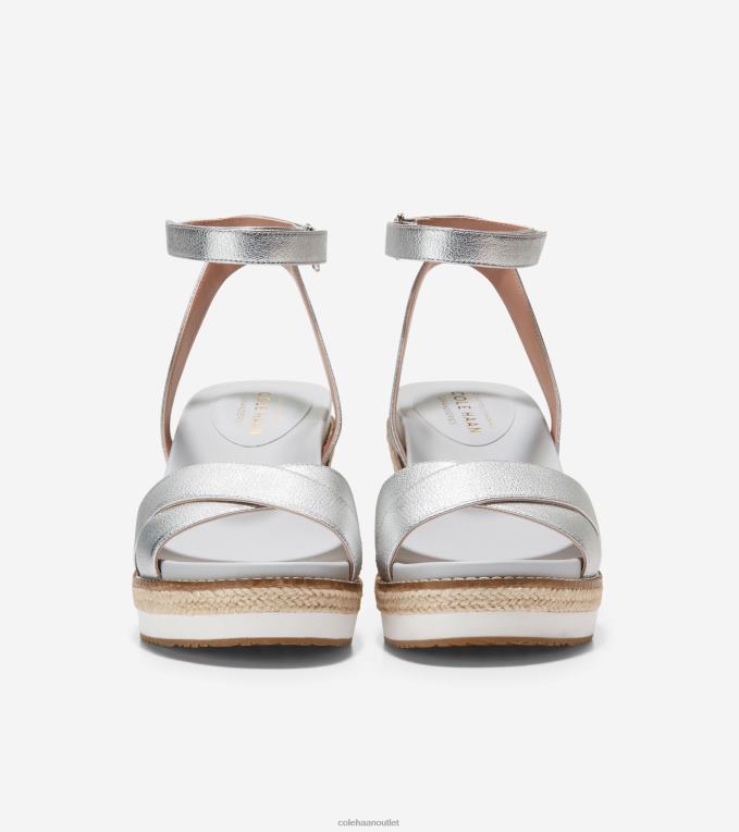 Women Silver Leather Cole Haan Cloudfeel Espadrille Wedge Sandal 2R0V228