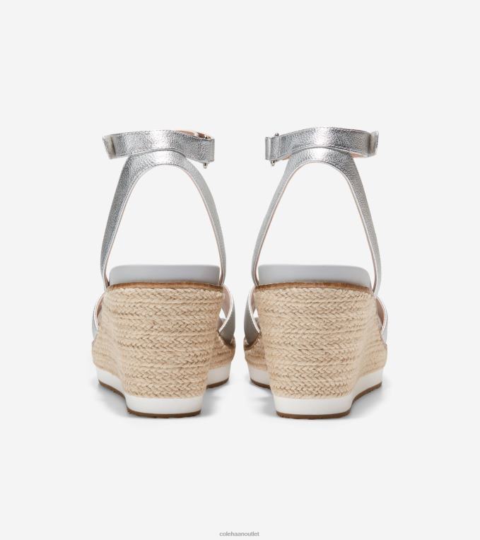 Women Silver Leather Cole Haan Cloudfeel Espadrille Wedge Sandal 2R0V228