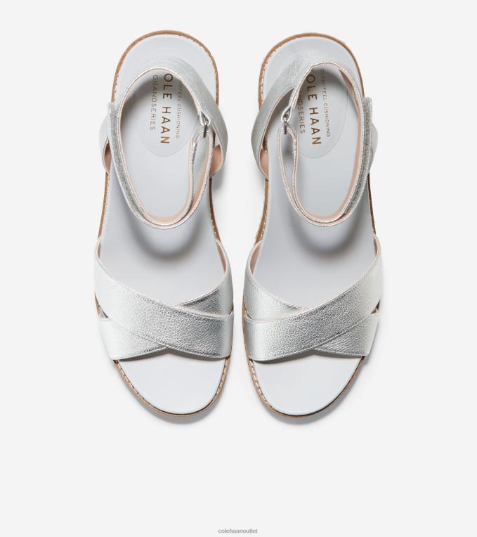 Women Silver Leather Cole Haan Cloudfeel Espadrille Wedge Sandal 2R0V228
