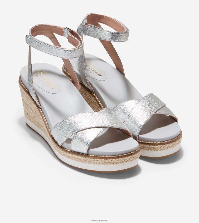 Women Silver Leather Cole Haan Cloudfeel Espadrille Wedge Sandal 2R0V228